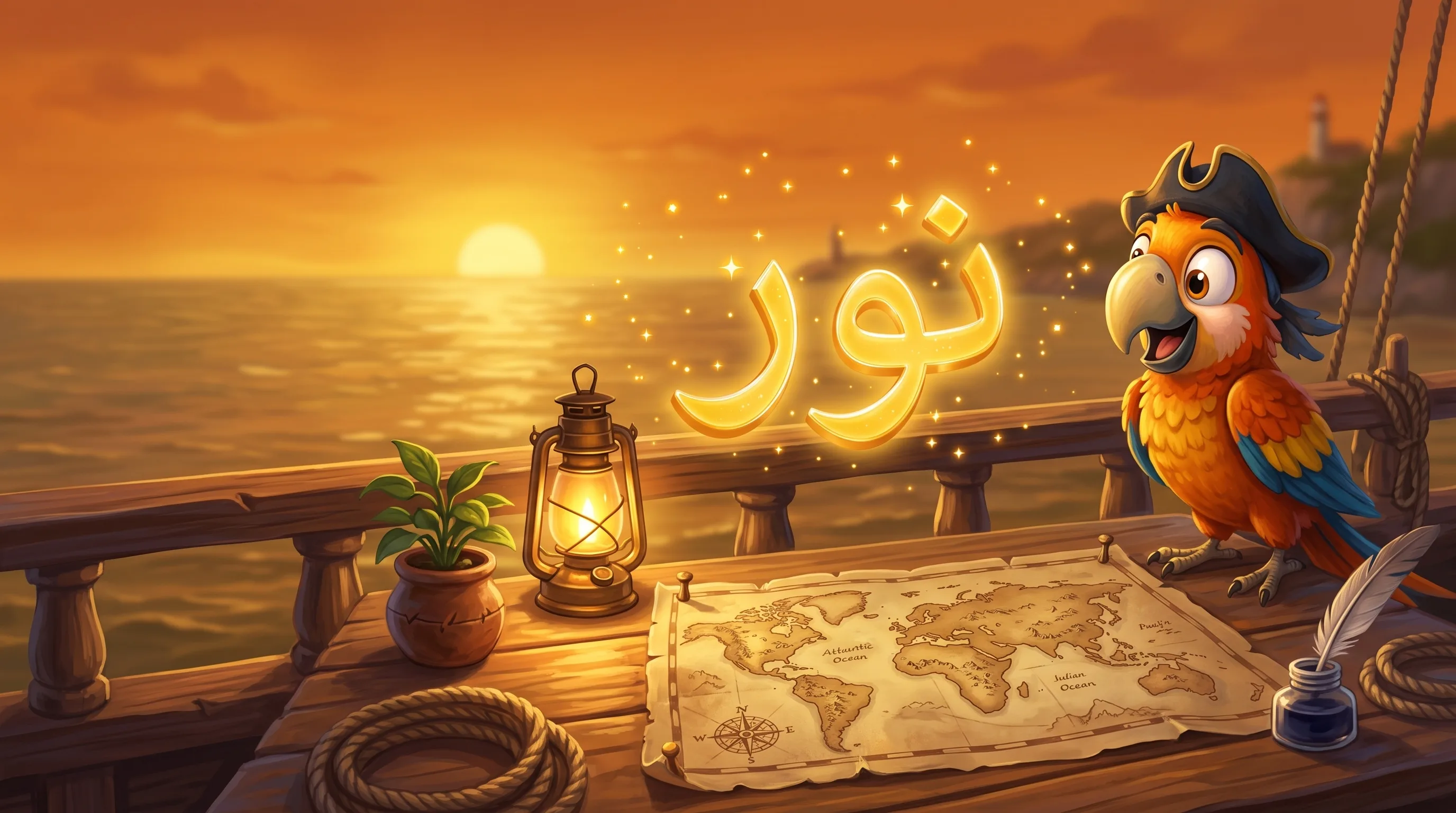 Auf dem Kartentisch leuchtet im Abendlicht das arabische Wort Nur, der Papagei schaut zu.