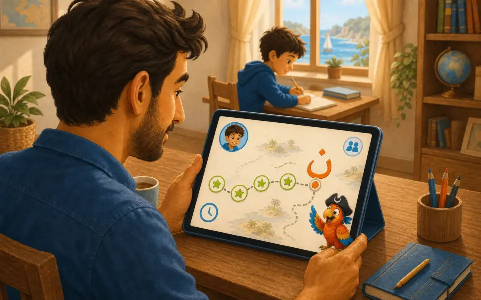 Ein Elternteil sieht den Lernfortschritt des Kindes auf einem Tablet.