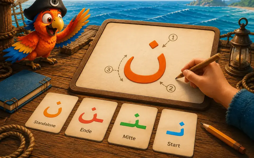 Eine Hand übt den arabischen Buchstaben Nun mit einer klaren Strichfolge.